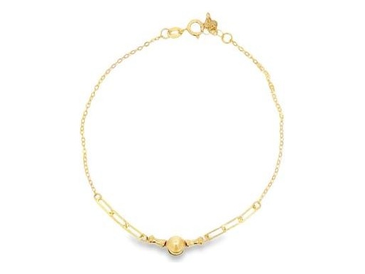 18K Yellow Gold Bracelet with Textured Bead Center and Bar Link Accents